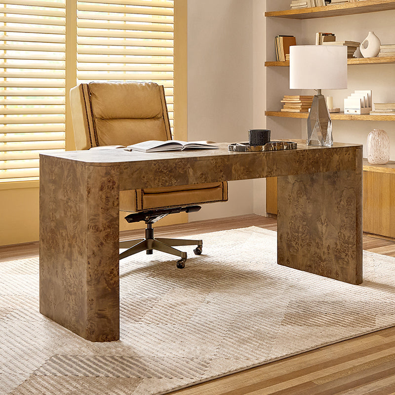 Bureau en ronce de peuplier avec tiroir et placage en caoutchouc | Naturel / Noyer | Simple