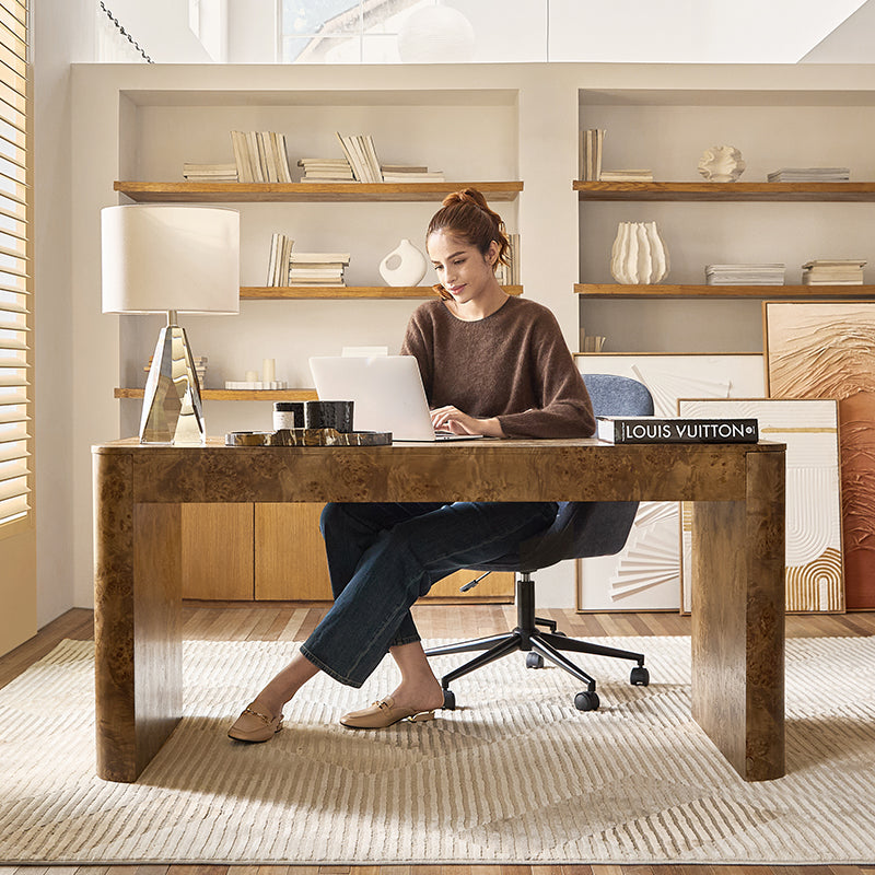 Bureau en ronce de peuplier avec tiroir et placage en caoutchouc | Naturel / Noyer | Simple