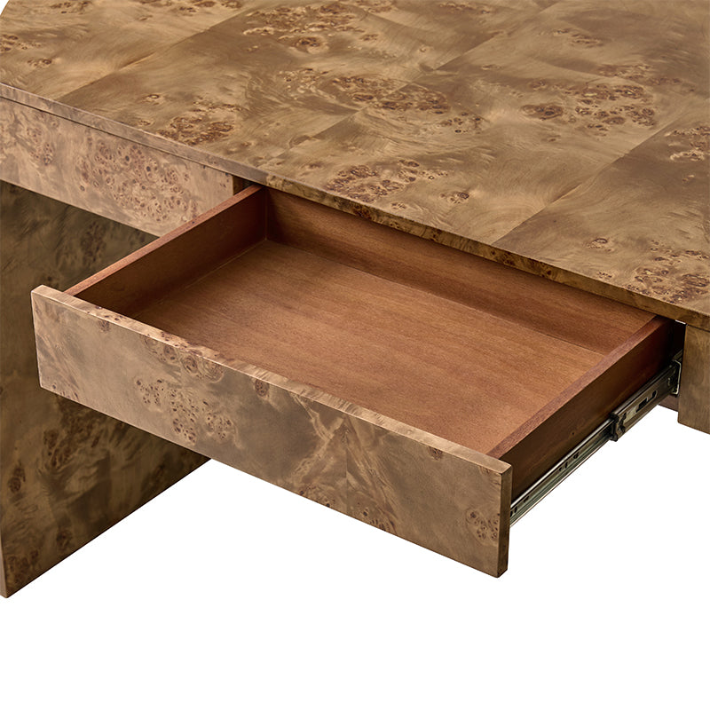 Bureau en ronce de peuplier avec tiroir et placage en caoutchouc | Naturel / Noyer | Simple