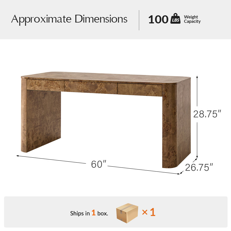 Bureau en ronce de peuplier avec tiroir et placage en caoutchouc | Naturel / Noyer | Simple