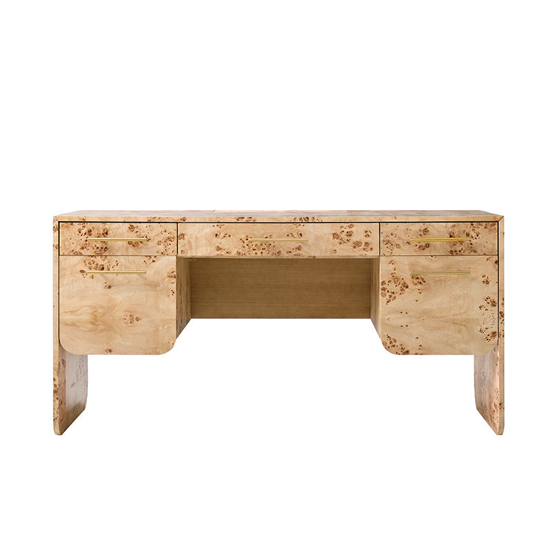 Bureau en bois de loupe avec 3 tiroirs, placards dissimulés, panneau d'intimité et poignées en laiton brossé | Naturel / Noyer | Simple
