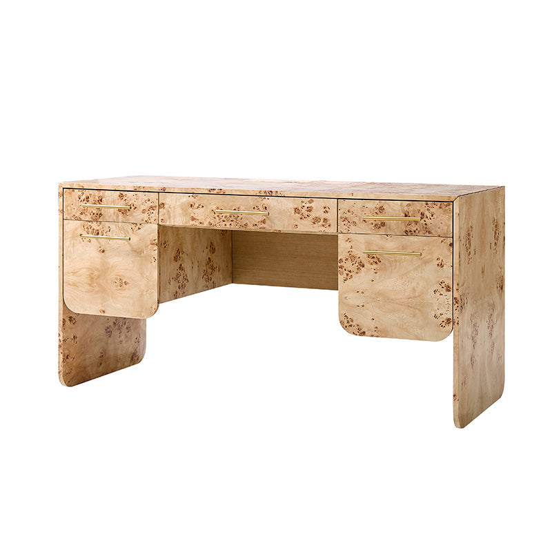 Bureau en bois de loupe avec 3 tiroirs, placards dissimulés, panneau d'intimité et poignées en laiton brossé | Naturel / Noyer | Simple