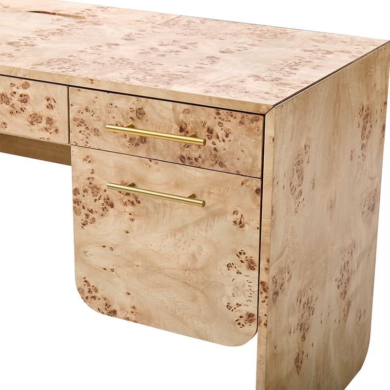 Bureau en bois de loupe avec 3 tiroirs, placards dissimulés, panneau d'intimité et poignées en laiton brossé | Naturel / Noyer | Simple