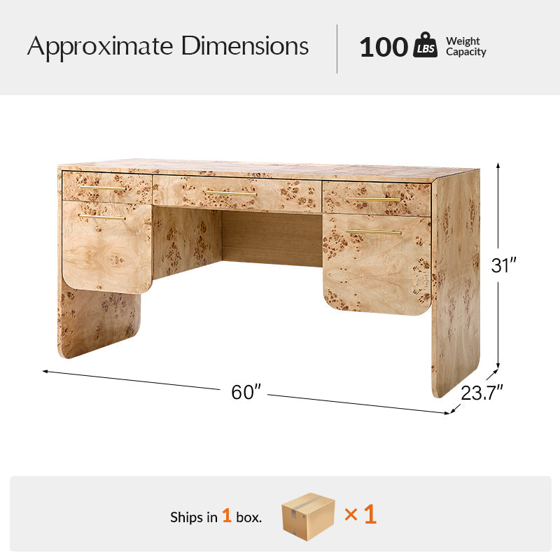 Bureau en bois de loupe avec 3 tiroirs, placards dissimulés, panneau d'intimité et poignées en laiton brossé | Naturel / Noyer | Simple