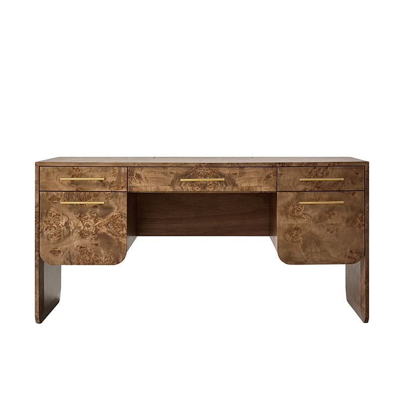 Bureau en bois de loupe avec 3 tiroirs, placards dissimulés, panneau d'intimité et poignées en laiton brossé | Naturel / Noyer | Simple