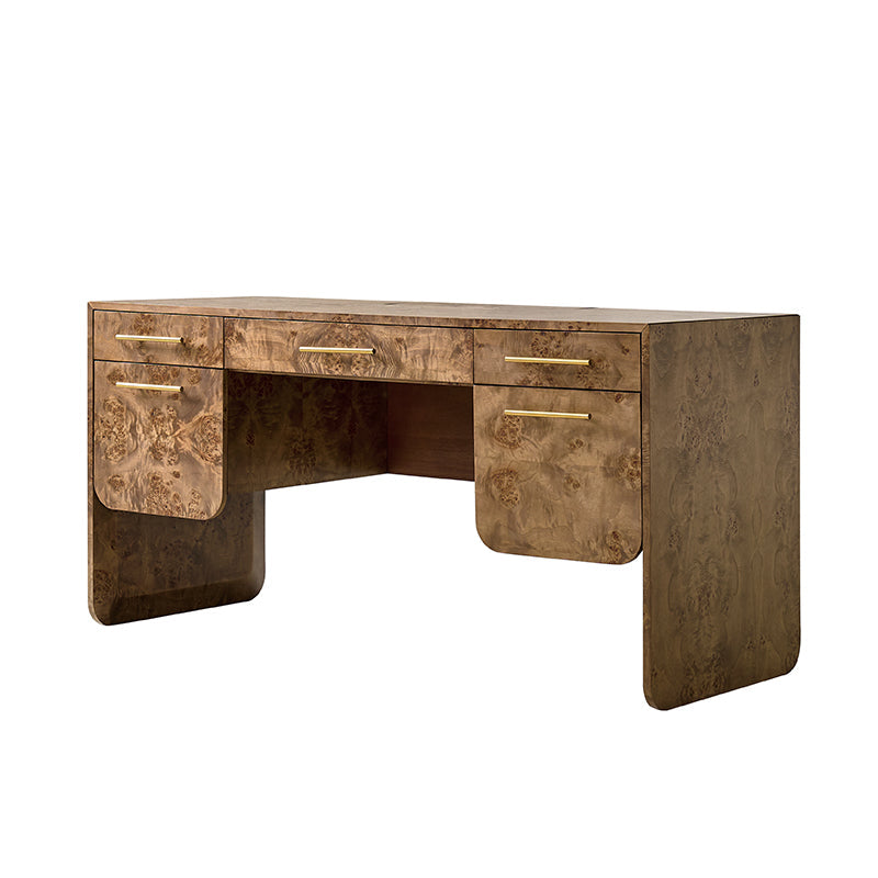 Bureau en bois de loupe avec 3 tiroirs, placards dissimulés, panneau d'intimité et poignées en laiton brossé | Naturel / Noyer | Simple