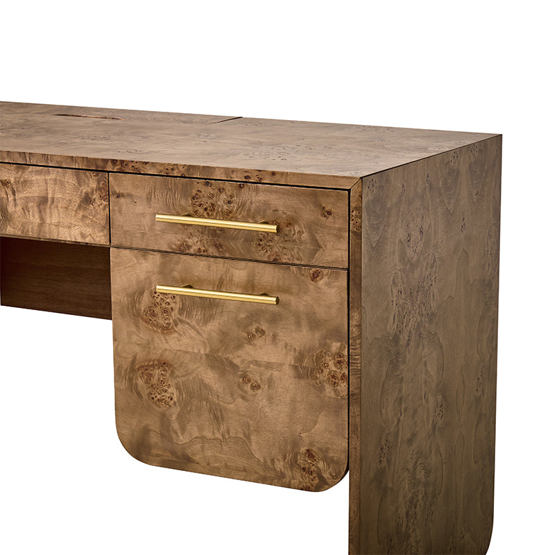 Bureau en bois de loupe avec 3 tiroirs, placards dissimulés, panneau d'intimité et poignées en laiton brossé | Naturel / Noyer | Simple