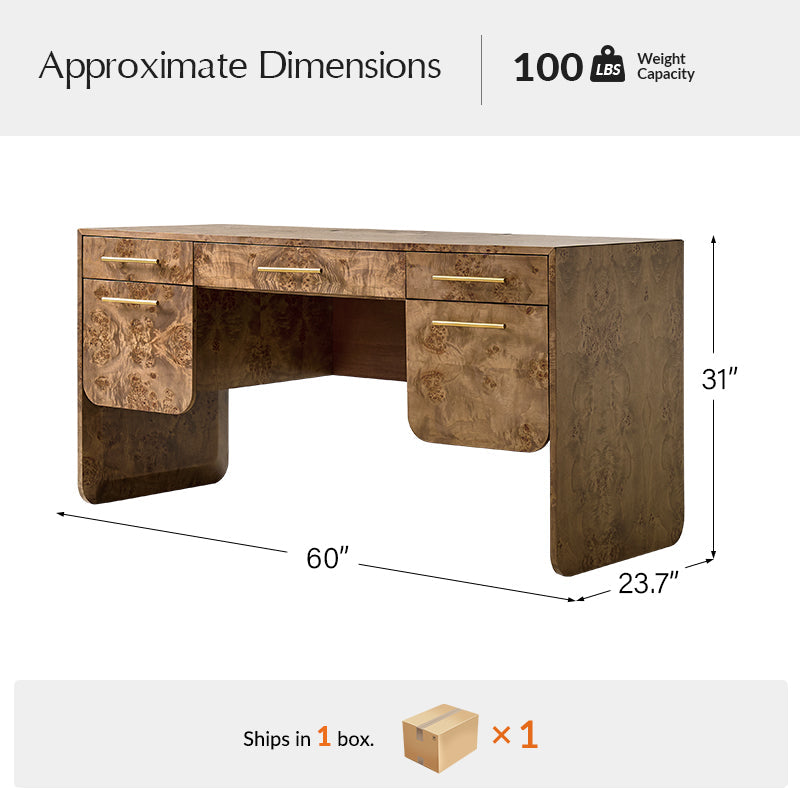 Bureau en bois de loupe avec 3 tiroirs, placards dissimulés, panneau d'intimité et poignées en laiton brossé | Naturel / Noyer | Simple