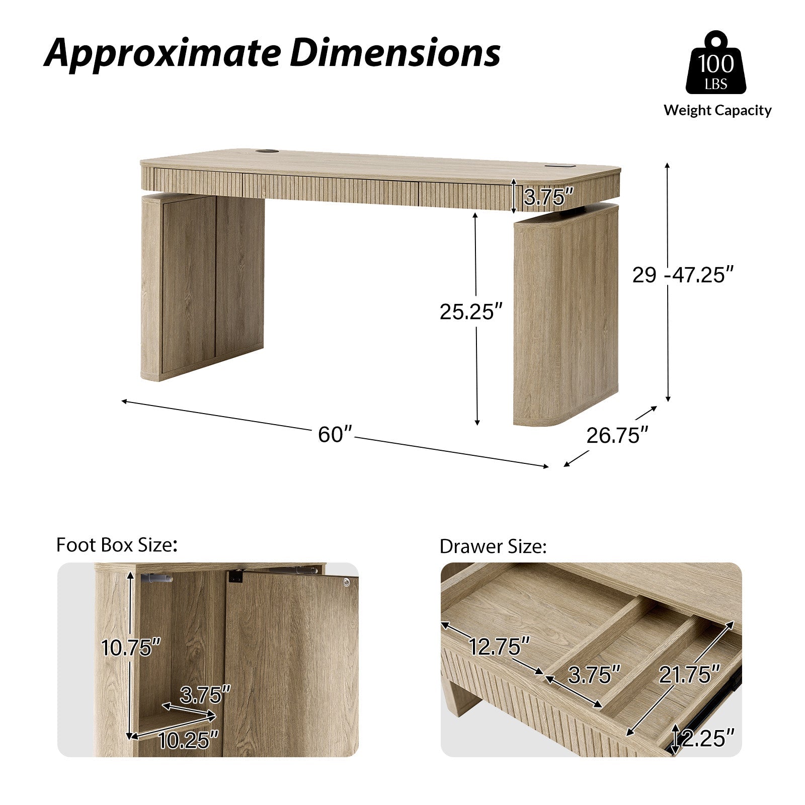 Bureau électrique réglable en hauteur avec 3 tiroirs, rangement latéral et gestion des câbles | Seadrift / Acorn / Naturel / Noyer / Chêne / Anthracite | Simple