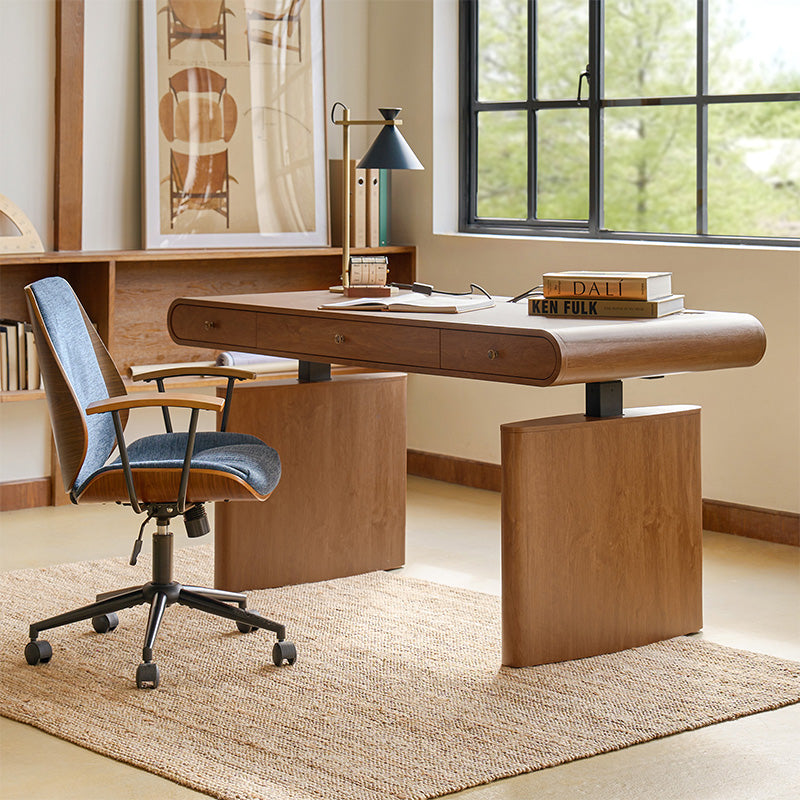 Bureau électrique réglable en hauteur avec chargeur sans fil, prises escamotables et 3 tiroirs à fermeture automatique | Chêne clair / Bois flotté | Simple