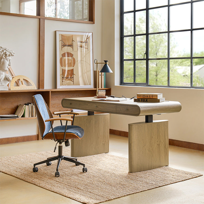 Bureau électrique réglable en hauteur avec chargeur sans fil, prises escamotables et 3 tiroirs à fermeture automatique | Chêne clair / Bois flotté | Simple