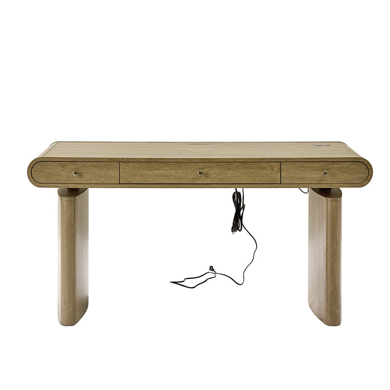 Bureau électrique réglable en hauteur avec chargeur sans fil, prises escamotables et 3 tiroirs à fermeture automatique | Chêne clair / Bois flotté | Simple