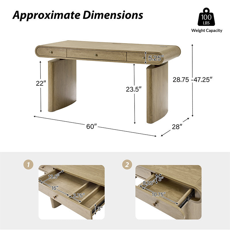 Bureau électrique réglable en hauteur avec chargeur sans fil, prises escamotables et 3 tiroirs à fermeture automatique | Chêne clair / Bois flotté | Simple