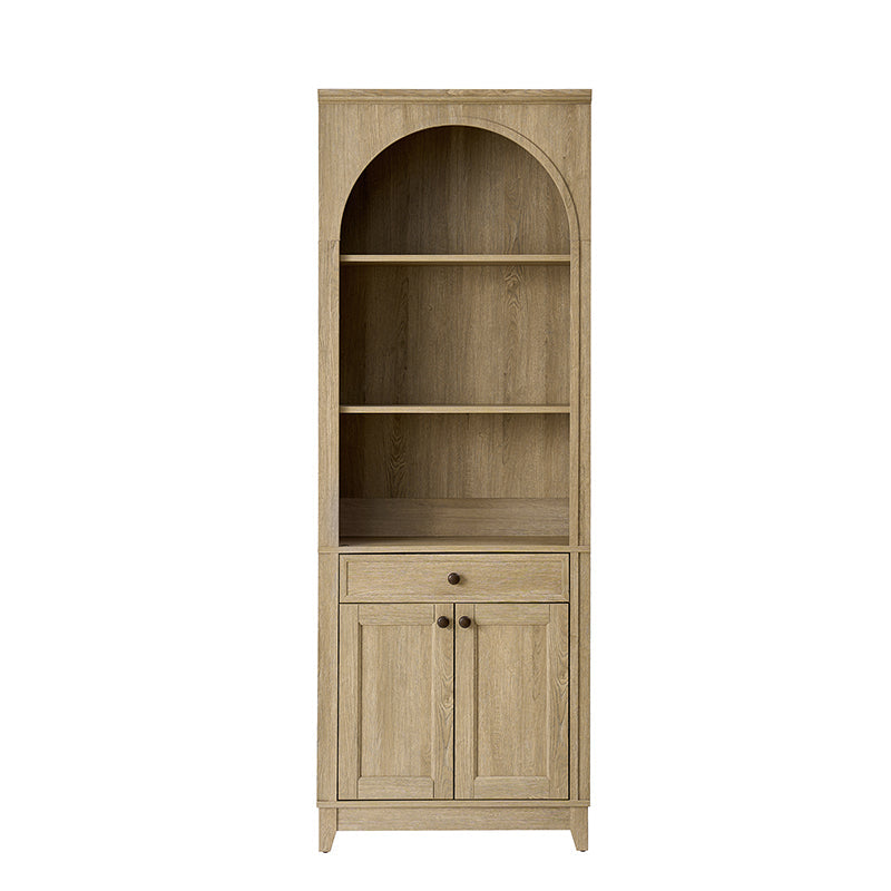 Bibliothèque arquée avec étagères ouvertes, tiroir à glissière douce, meuble à 2 portes et bande LED intégrée | Noyer / Bois flotté | Simple