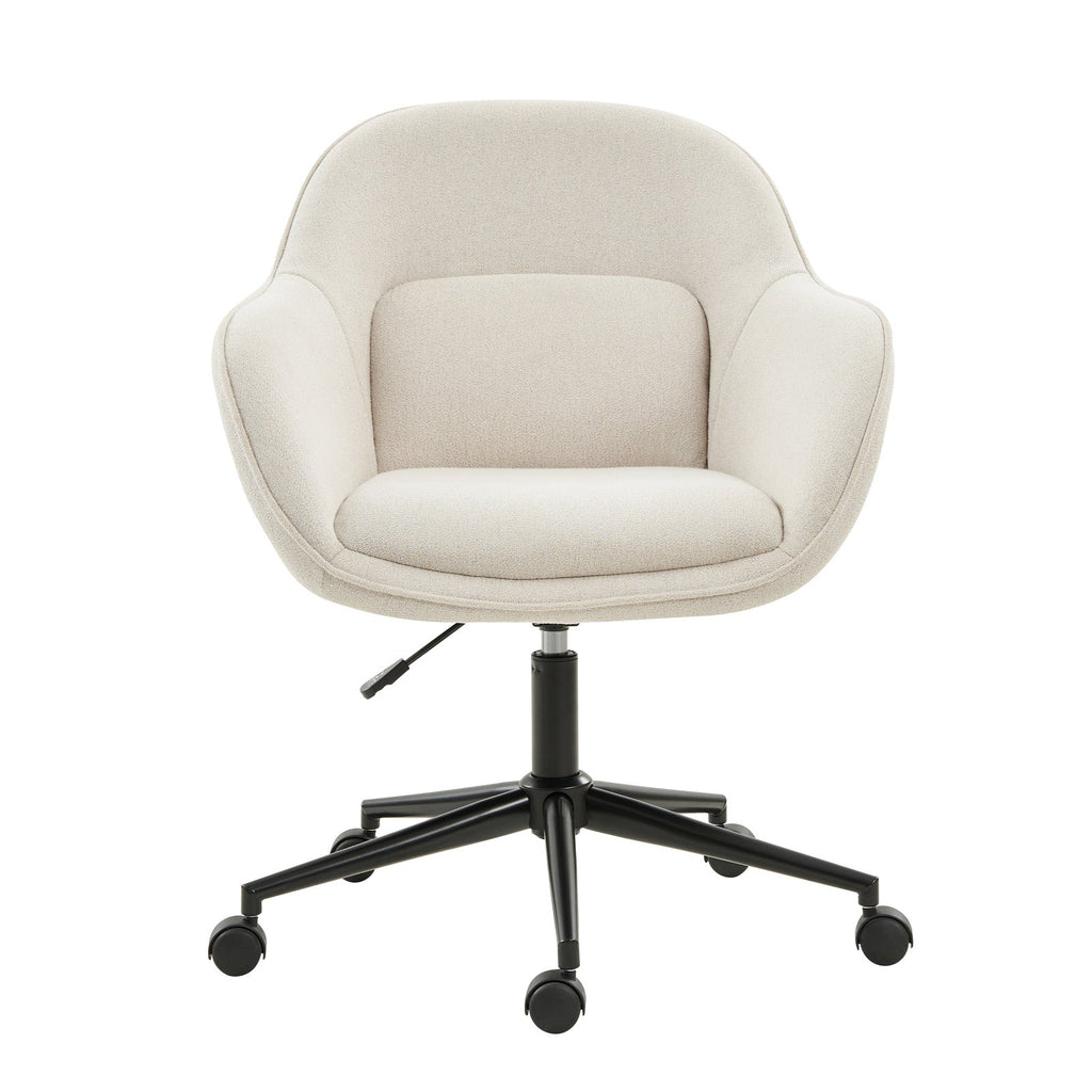 Chaise de bureau pivotante en polyester avec dossier incurvé, hauteur réglable, accoudoirs et base en métal noir | Beige / Moutarde / Gris | Siège unique