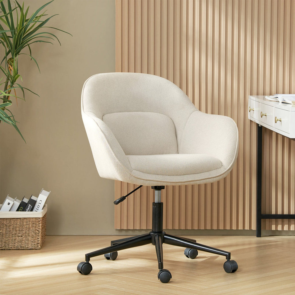 Chaise de bureau pivotante en polyester avec dossier incurvé, hauteur réglable, accoudoirs et base en métal noir | Beige / Moutarde / Gris | Siège unique