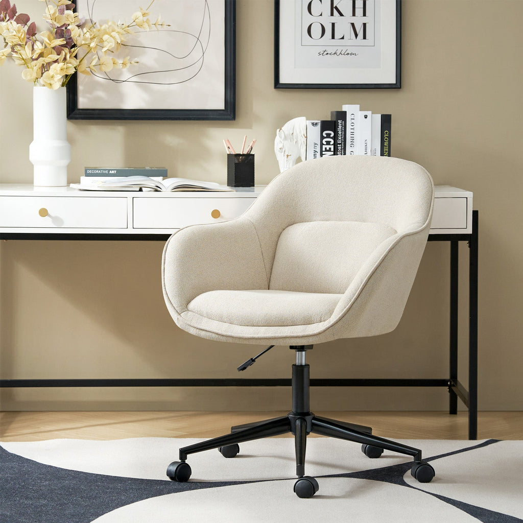 Chaise de bureau pivotante en polyester avec dossier incurvé, hauteur réglable, accoudoirs et base en métal noir | Beige / Moutarde / Gris | Siège unique