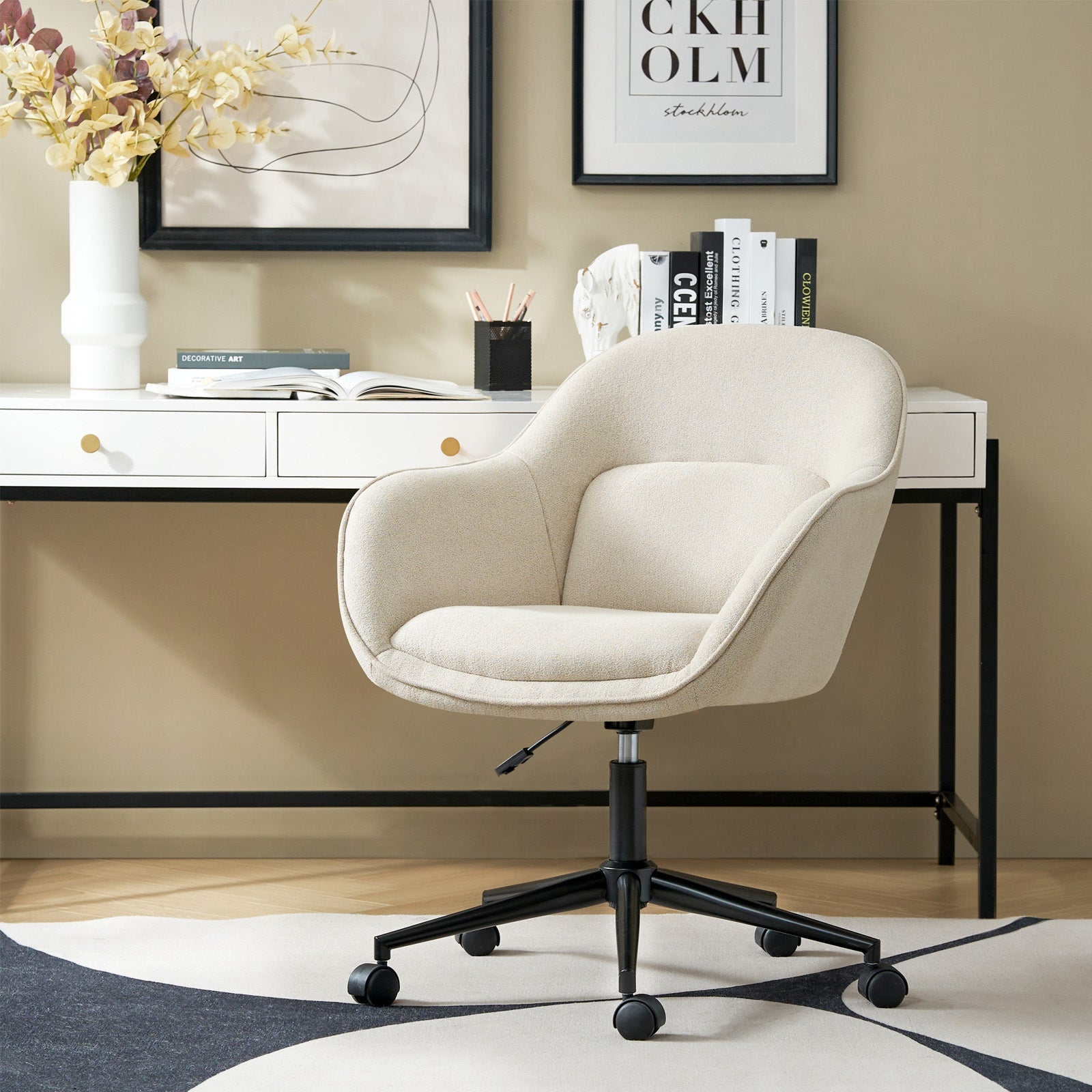 Chaise de bureau pivotante en polyester avec dossier incurvé, hauteur réglable, accoudoirs et base en métal noir | Beige / Moutarde / Gris | Siège unique