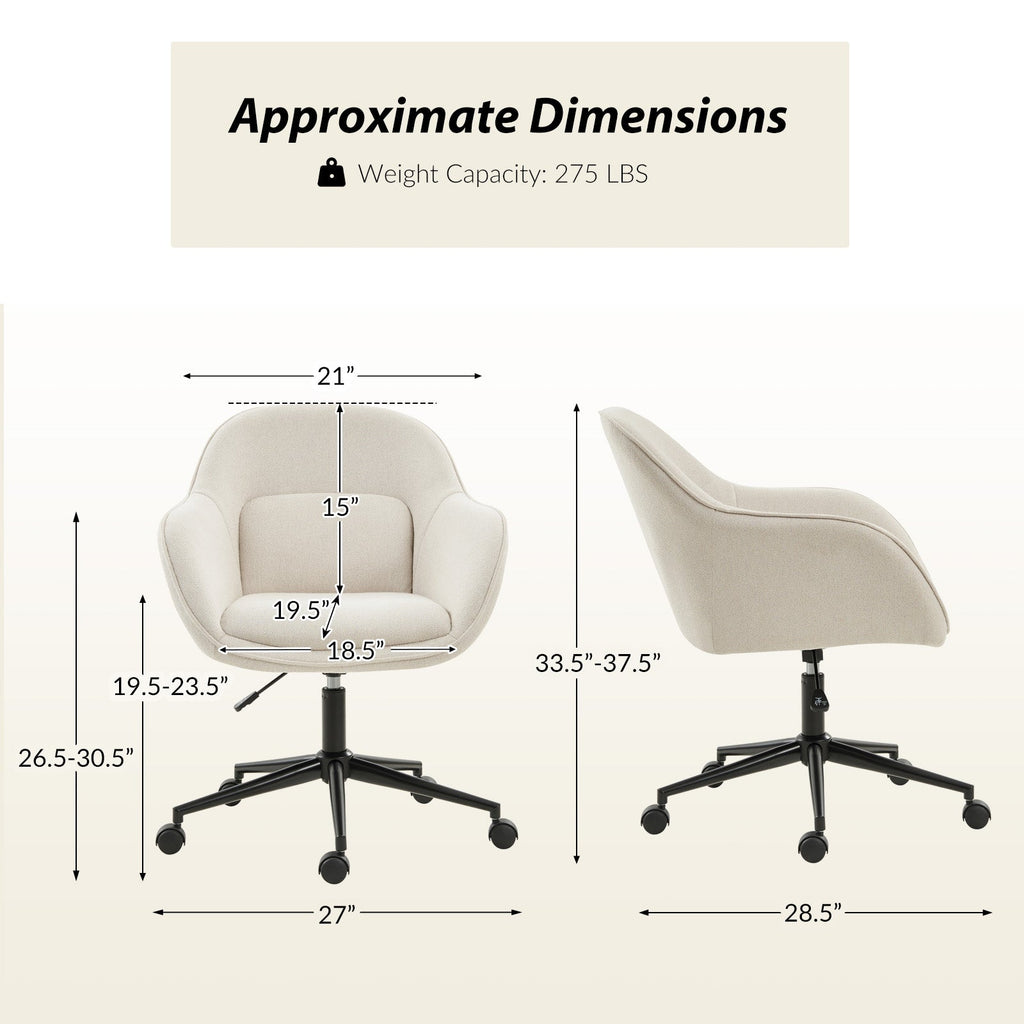 Chaise de bureau pivotante en polyester avec dossier incurvé, hauteur réglable, accoudoirs et base en métal noir | Beige / Moutarde / Gris | Siège unique