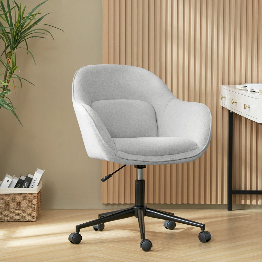 Chaise de bureau pivotante en polyester avec dossier incurvé, hauteur réglable, accoudoirs et base en métal noir | Beige / Moutarde / Gris | Siège unique