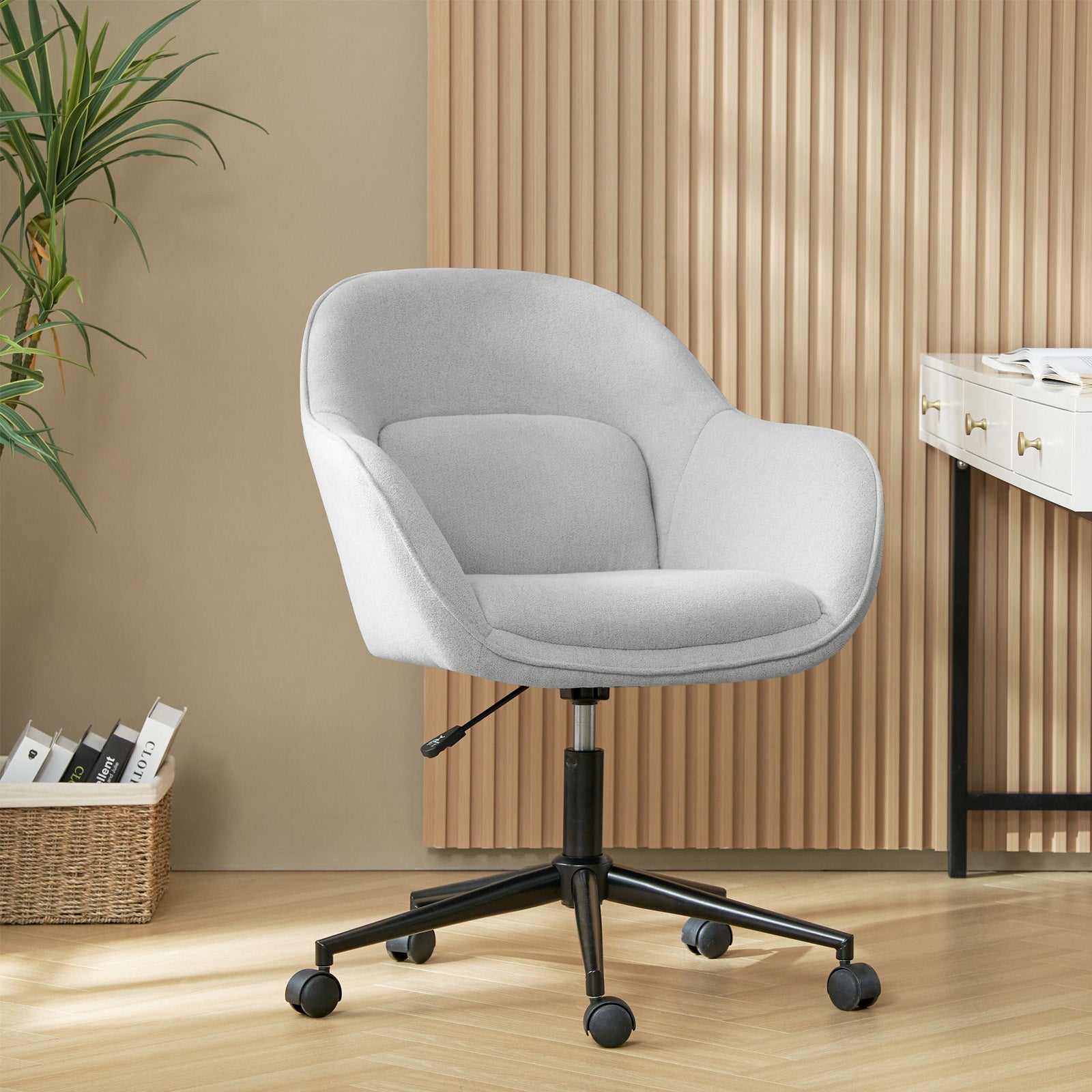 Chaise de bureau pivotante en polyester avec dossier incurvé, hauteur réglable, accoudoirs et base en métal noir | Beige / Moutarde / Gris | Siège unique