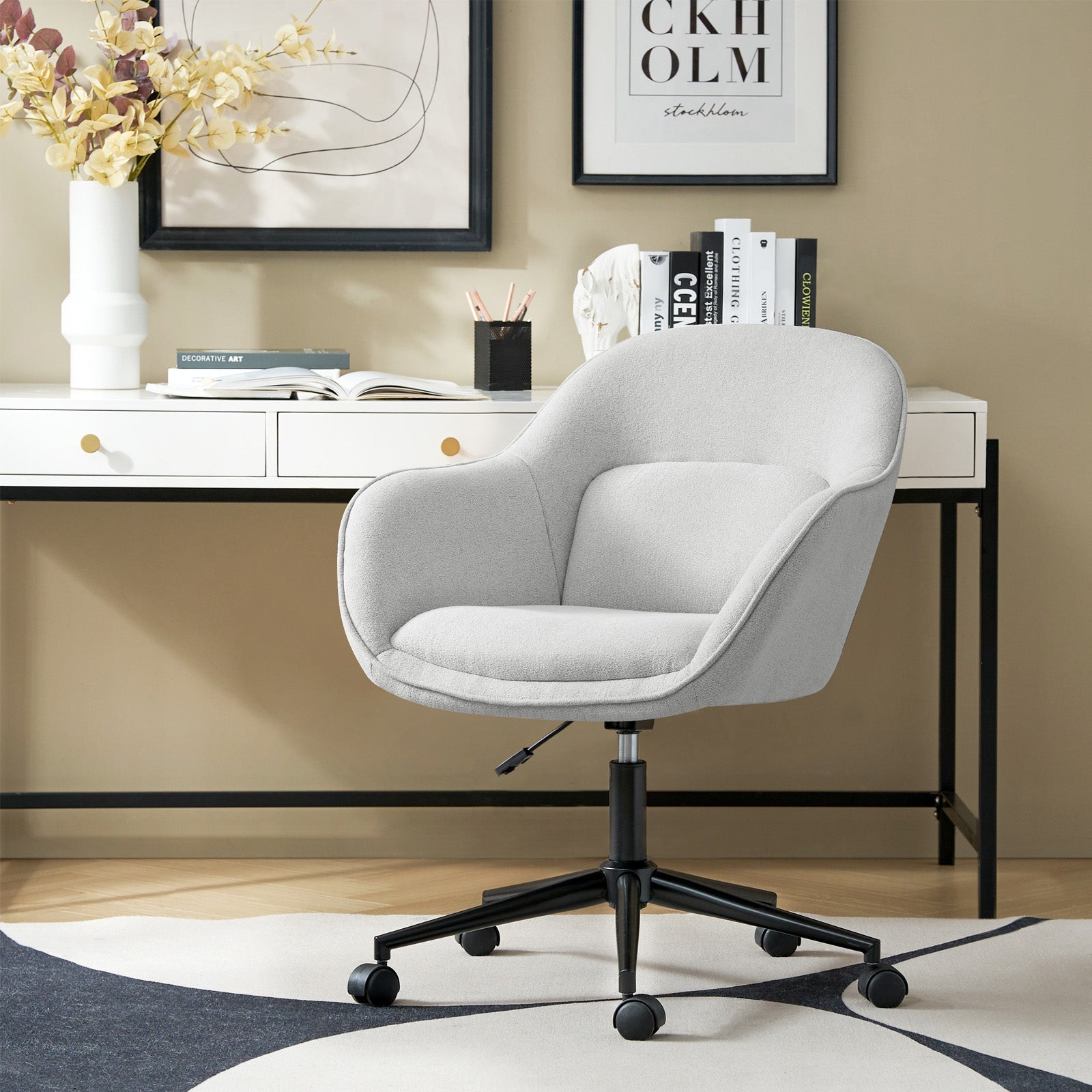Chaise de bureau pivotante en polyester avec dossier incurvé, hauteur réglable, accoudoirs et base en métal noir | Beige / Moutarde / Gris | Siège unique