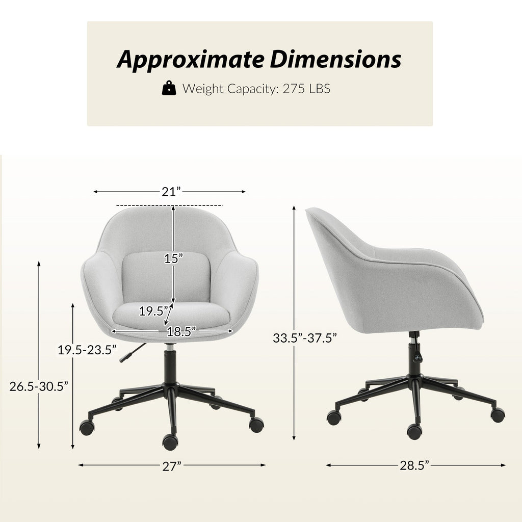Chaise de bureau pivotante en polyester avec dossier incurvé, hauteur réglable, accoudoirs et base en métal noir | Beige / Moutarde / Gris | Siège unique