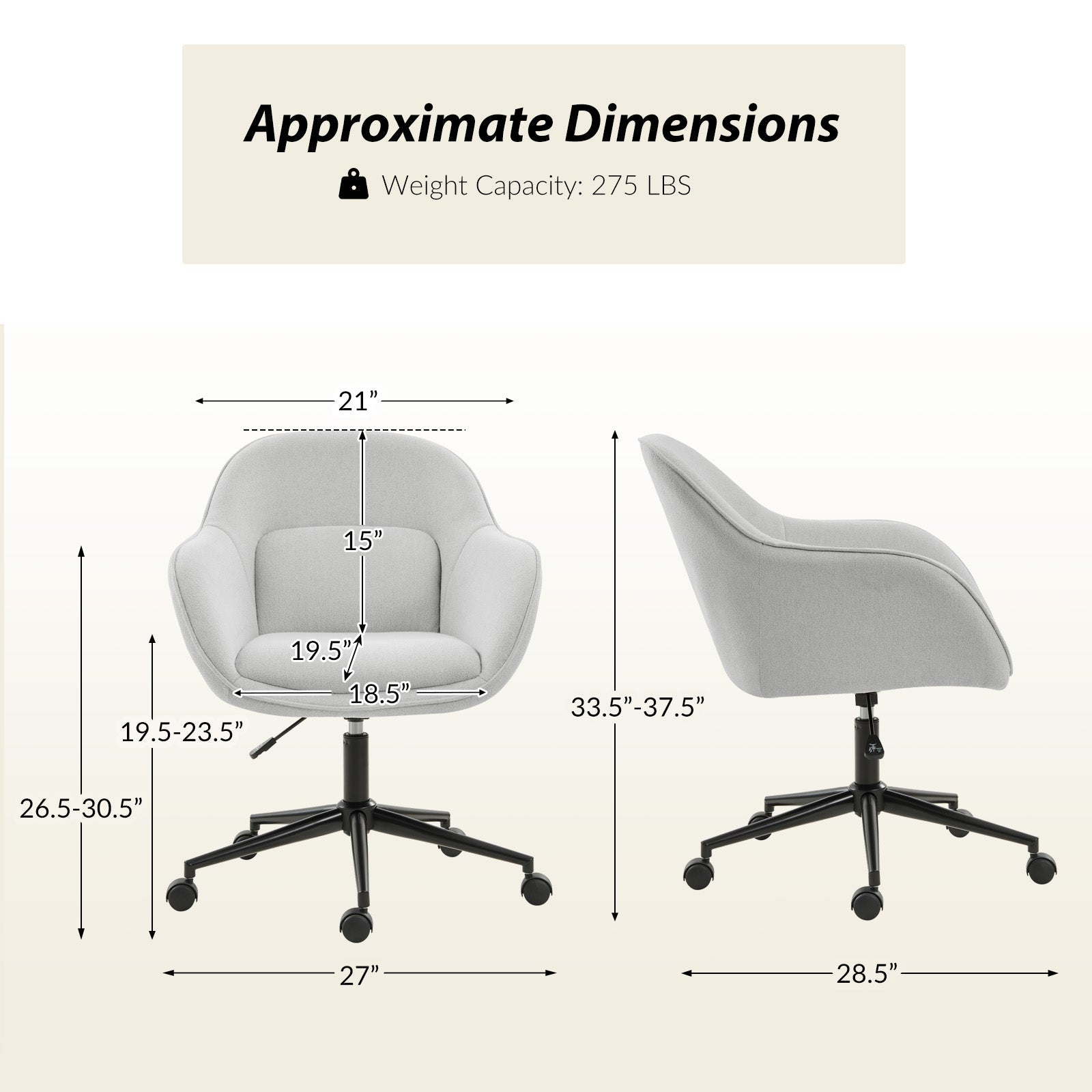 Chaise de bureau pivotante en polyester avec dossier incurvé, hauteur réglable, accoudoirs et base en métal noir | Beige / Moutarde / Gris | Siège unique