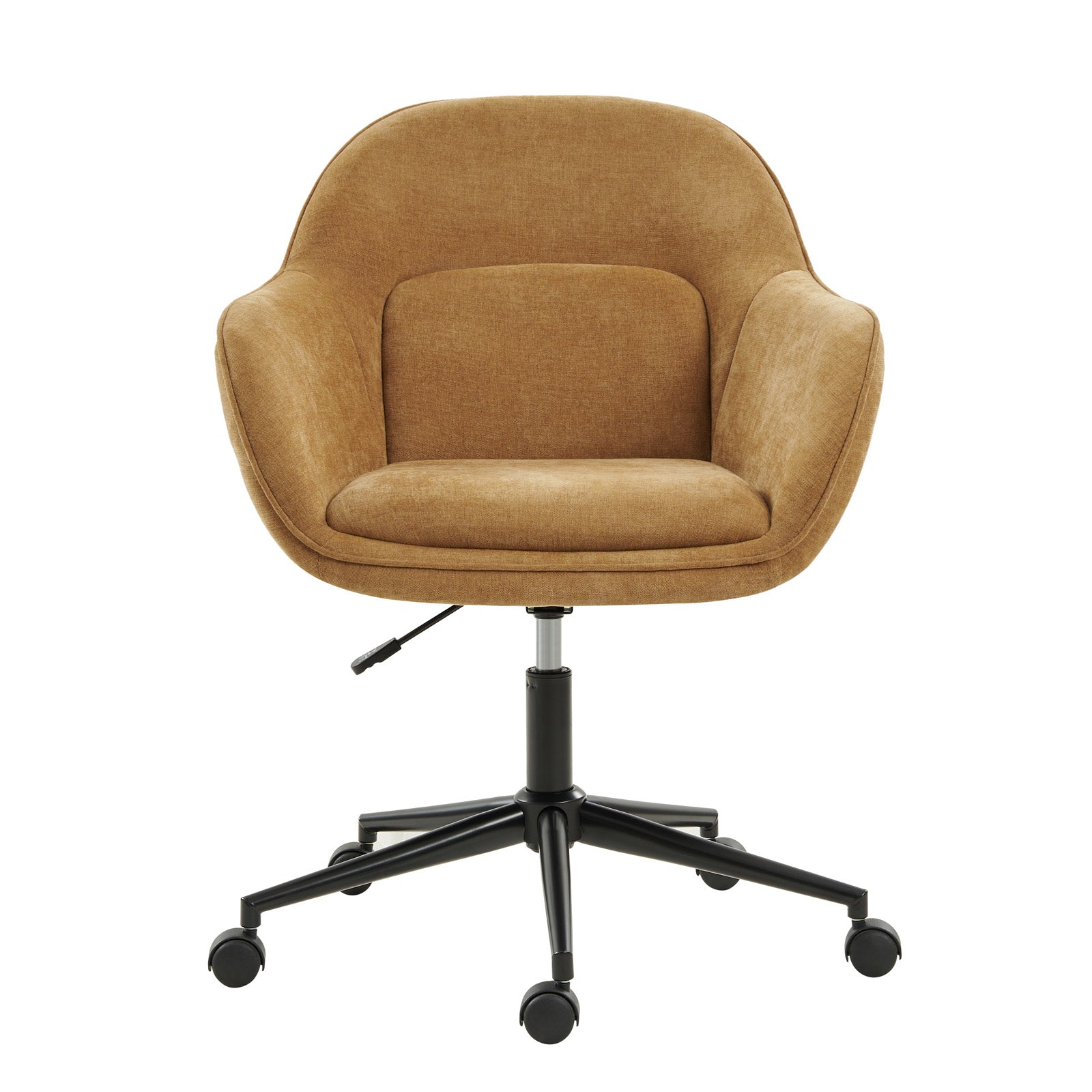Chaise de bureau pivotante en polyester avec dossier incurvé, hauteur réglable, accoudoirs et base en métal noir | Beige / Moutarde / Gris | Siège unique