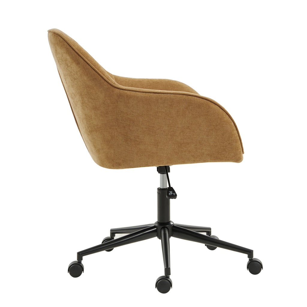 Chaise de bureau pivotante en polyester avec dossier incurvé, hauteur réglable, accoudoirs et base en métal noir | Beige / Moutarde / Gris | Siège unique