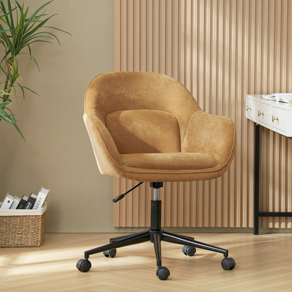 Chaise de bureau pivotante en polyester avec dossier incurvé, hauteur réglable, accoudoirs et base en métal noir | Beige / Moutarde / Gris | Siège unique
