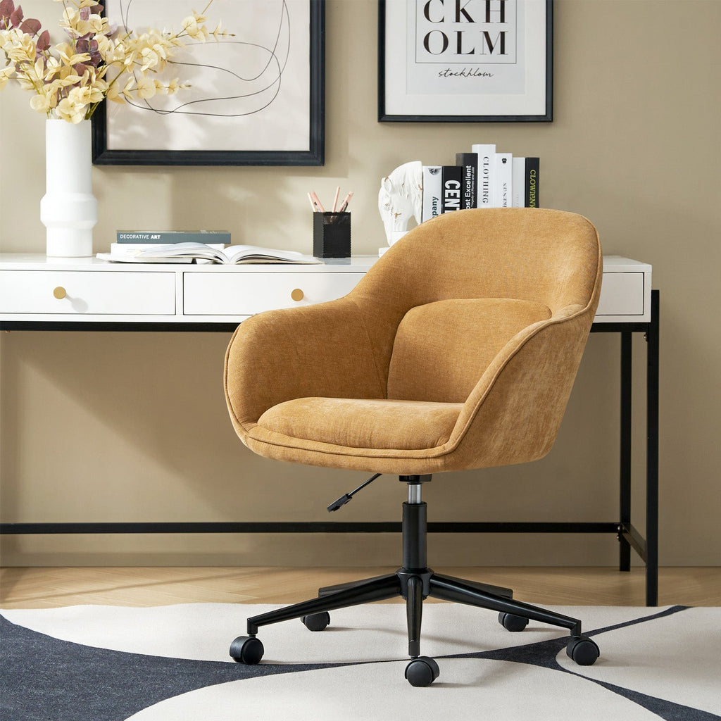 Chaise de bureau pivotante en polyester avec dossier incurvé, hauteur réglable, accoudoirs et base en métal noir | Beige / Moutarde / Gris | Siège unique