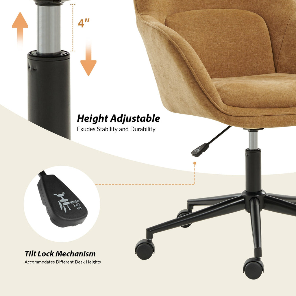 Chaise de bureau pivotante en polyester avec dossier incurvé, hauteur réglable, accoudoirs et base en métal noir | Beige / Moutarde / Gris | Siège unique