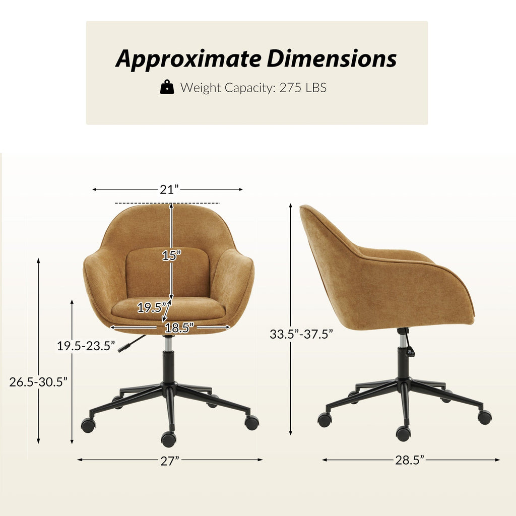 Chaise de bureau pivotante en polyester avec dossier incurvé, hauteur réglable, accoudoirs et base en métal noir | Beige / Moutarde / Gris | Siège unique