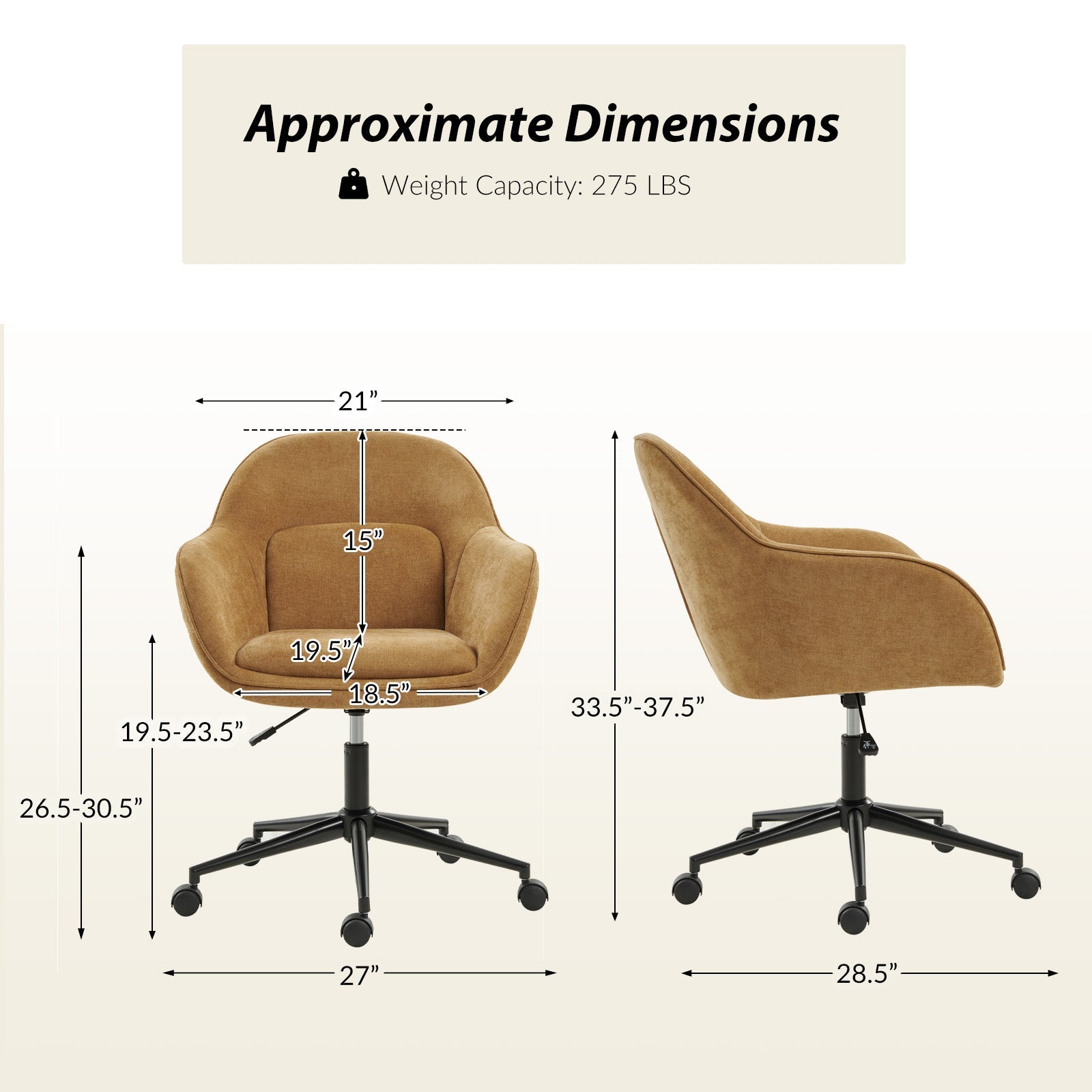 Chaise de bureau pivotante en polyester avec dossier incurvé, hauteur réglable, accoudoirs et base en métal noir | Beige / Moutarde / Gris | Siège unique