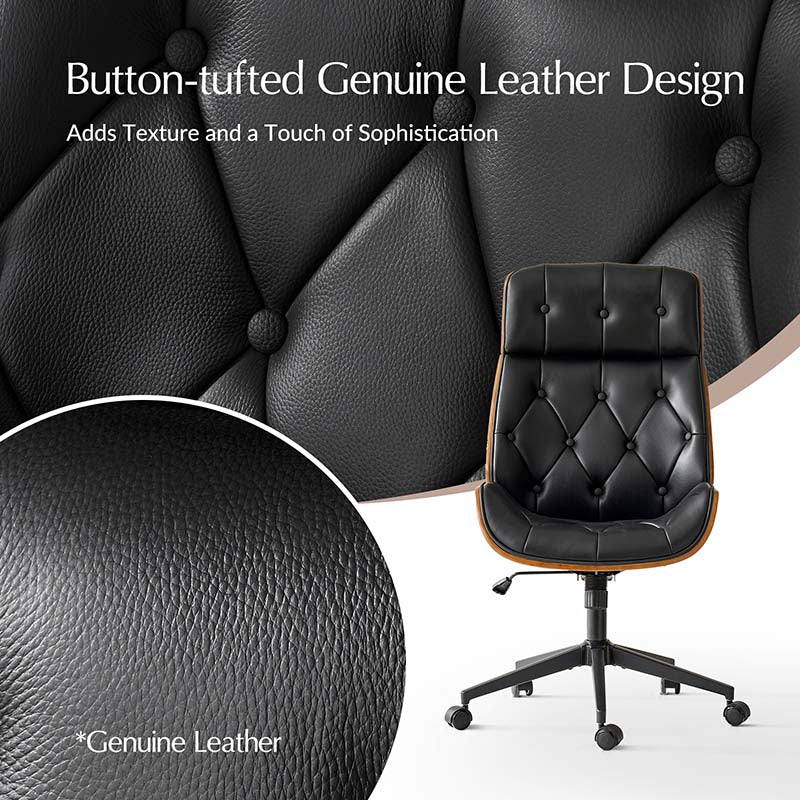 Chaise de bureau touffetée en bois courbé avec hauteur réglable et roulettes pivotantes | Camel / Noir | Cuir ou PU | Monoplace