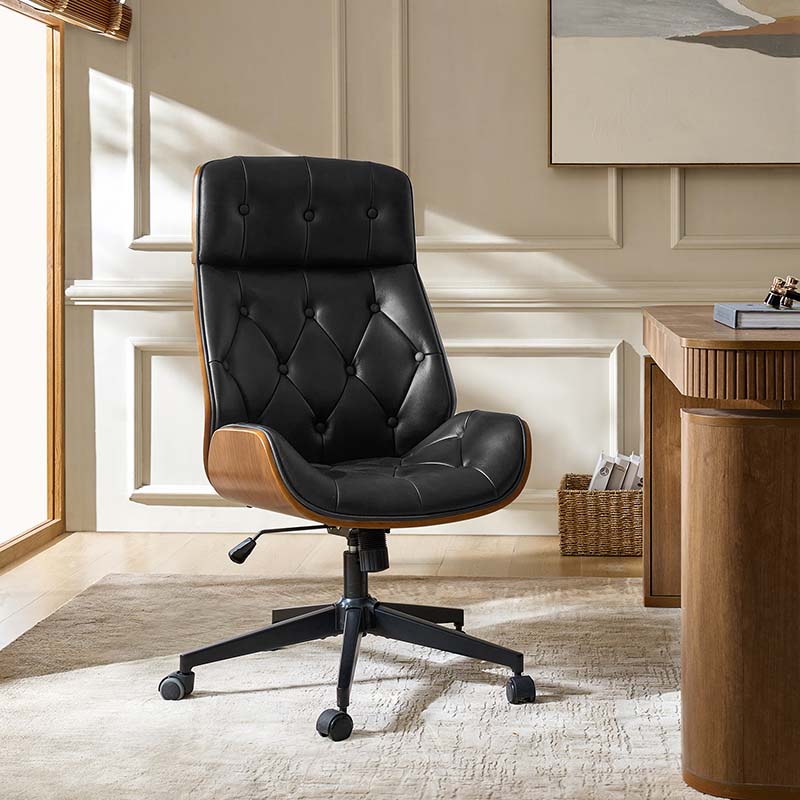 Chaise de bureau touffetée en bois courbé avec hauteur réglable et roulettes pivotantes | Camel / Noir | Cuir ou PU | Monoplace