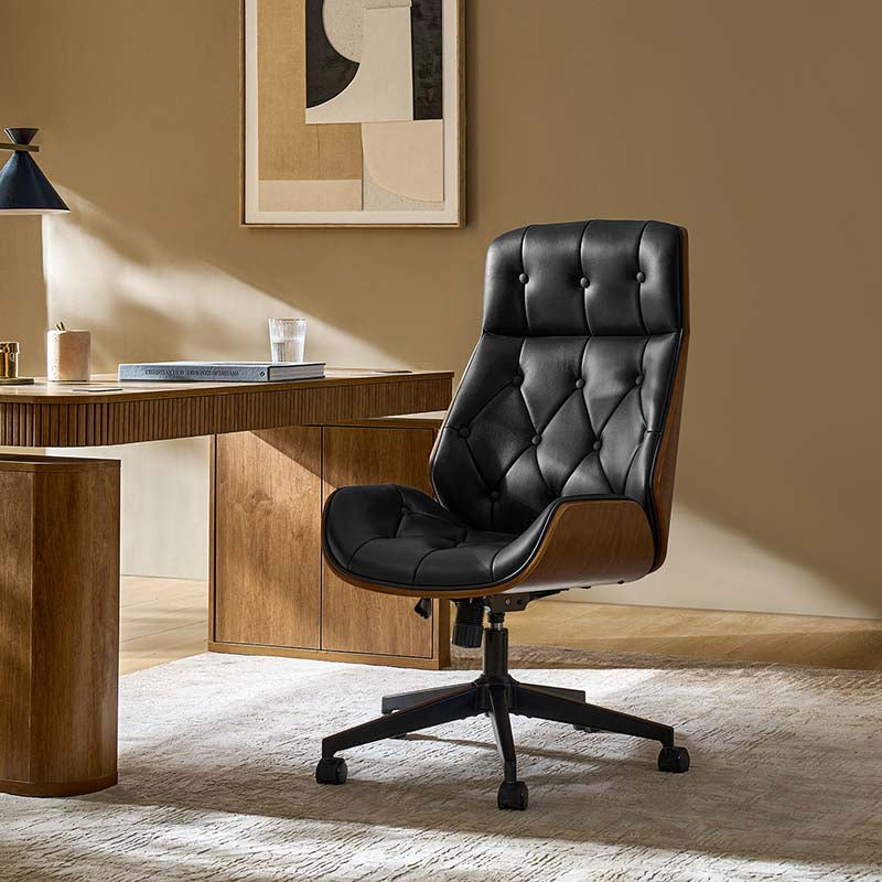 Chaise de bureau touffetée en bois courbé avec hauteur réglable et roulettes pivotantes | Camel / Noir | Cuir ou PU | Monoplace