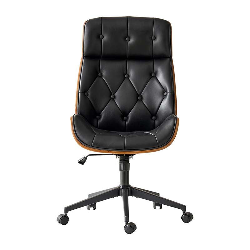 Chaise de bureau touffetée en bois courbé avec hauteur réglable et roulettes pivotantes | Camel / Noir | Cuir ou PU | Monoplace