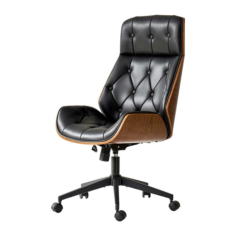 Chaise de bureau touffetée en bois courbé avec hauteur réglable et roulettes pivotantes | Camel / Noir | Cuir ou PU | Monoplace