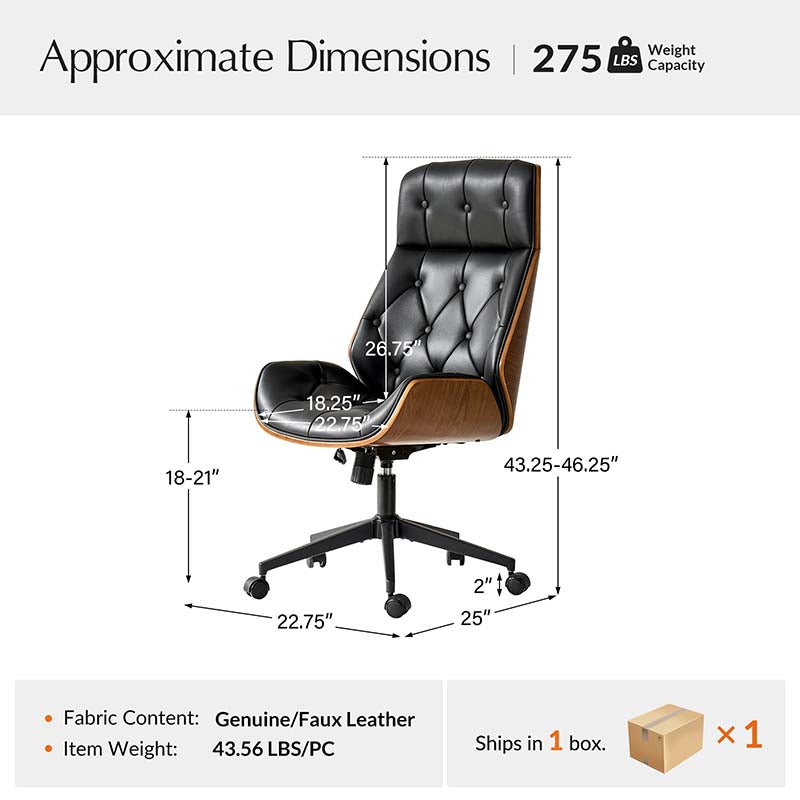 Chaise de bureau touffetée en bois courbé avec hauteur réglable et roulettes pivotantes | Camel / Noir | Cuir ou PU | Monoplace
