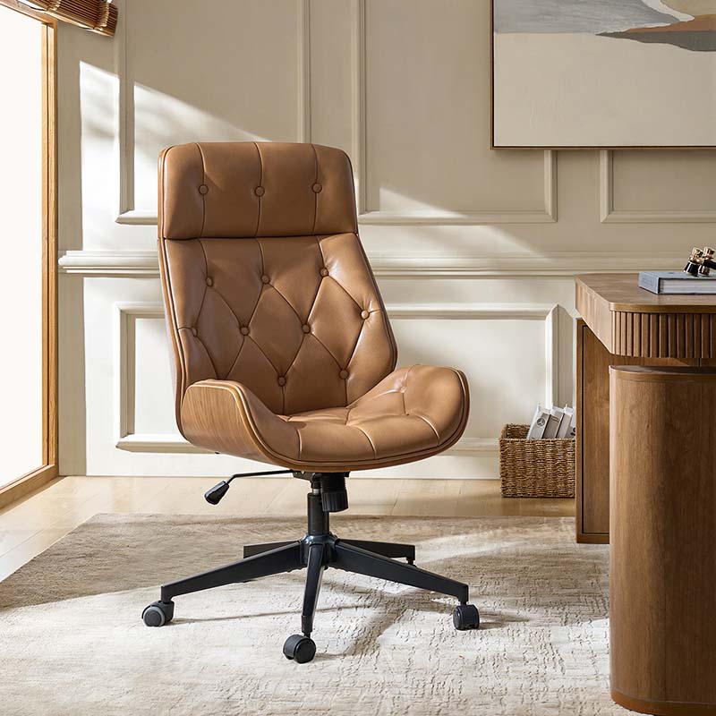 Chaise de bureau touffetée en bois courbé avec hauteur réglable et roulettes pivotantes | Camel / Noir | Cuir ou PU | Monoplace