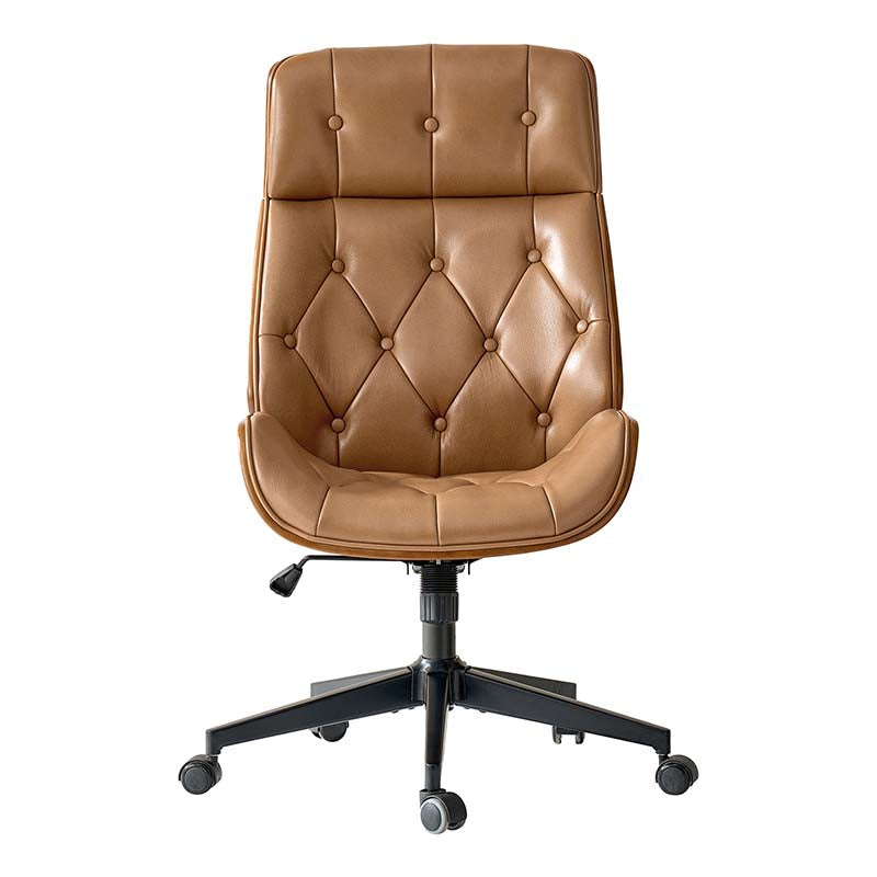 Chaise de bureau touffetée en bois courbé avec hauteur réglable et roulettes pivotantes | Camel / Noir | Cuir ou PU | Monoplace