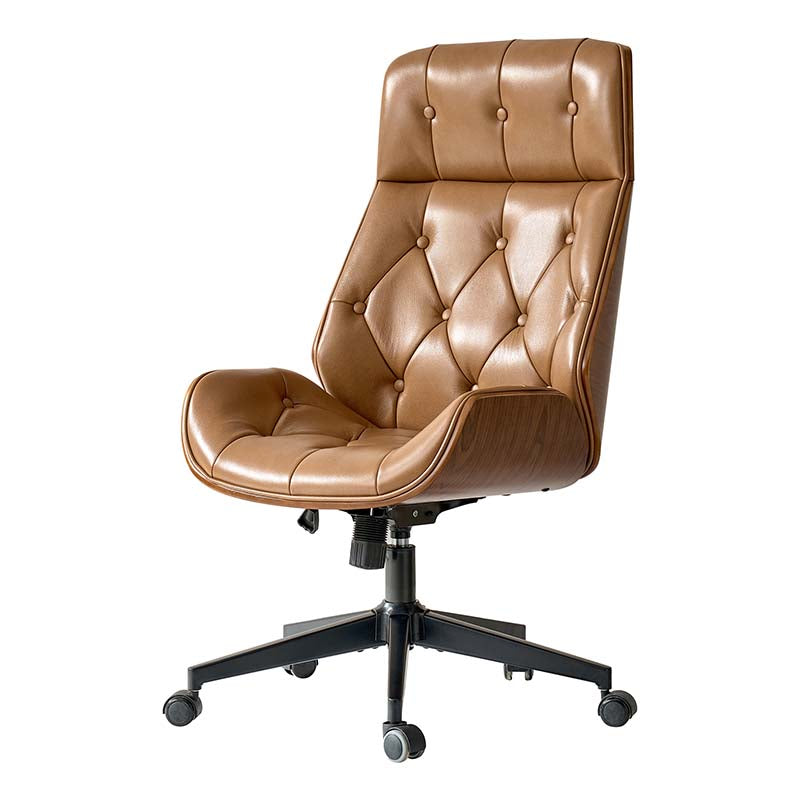 Chaise de bureau touffetée en bois courbé avec hauteur réglable et roulettes pivotantes | Camel / Noir | Cuir ou PU | Monoplace