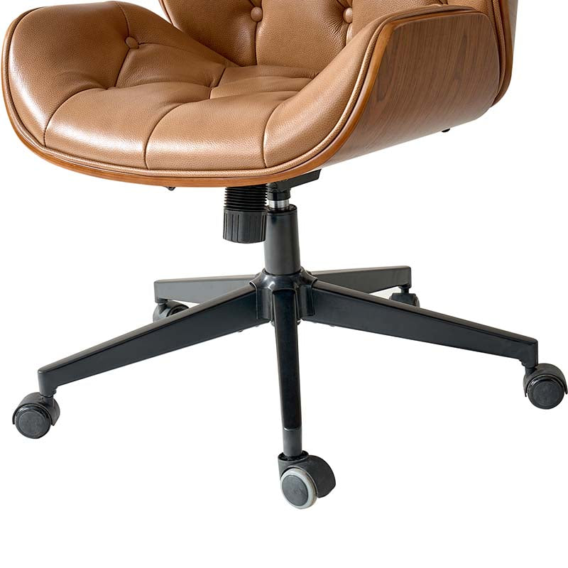 Chaise de bureau touffetée en bois courbé avec hauteur réglable et roulettes pivotantes | Camel / Noir | Cuir ou PU | Monoplace
