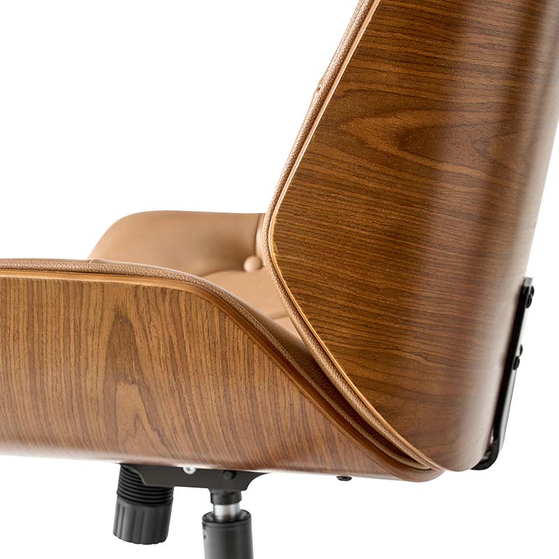 Chaise de bureau touffetée en bois courbé avec hauteur réglable et roulettes pivotantes | Camel / Noir | Cuir ou PU | Monoplace