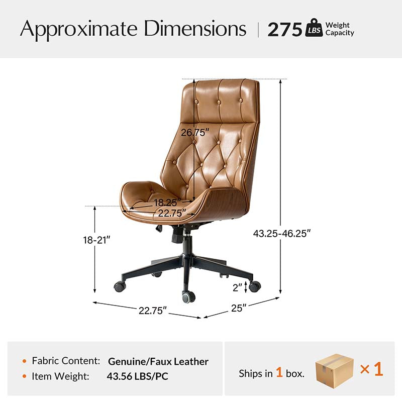 Chaise de bureau touffetée en bois courbé avec hauteur réglable et roulettes pivotantes | Camel / Noir | Cuir ou PU | Monoplace