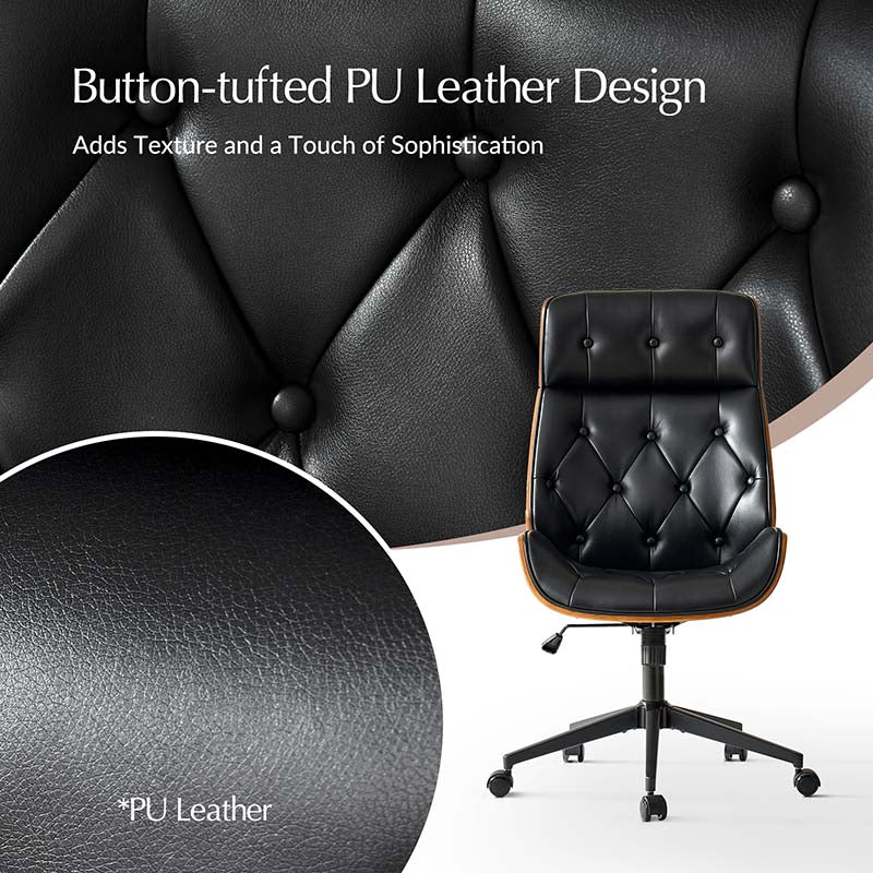 Chaise de bureau touffetée en bois courbé avec hauteur réglable et roulettes pivotantes | Camel / Noir | Cuir ou PU | Monoplace