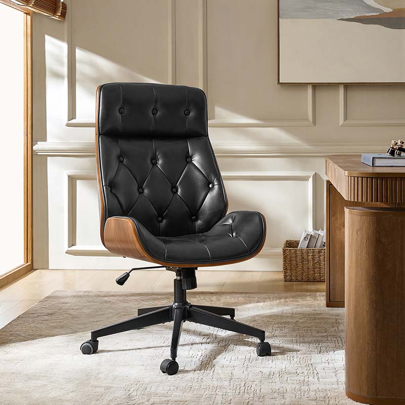 Chaise de bureau touffetée en bois courbé avec hauteur réglable et roulettes pivotantes | Camel / Noir | Cuir ou PU | Monoplace