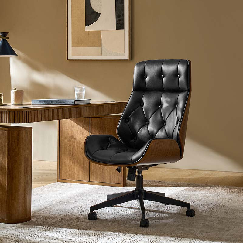 Chaise de bureau touffetée en bois courbé avec hauteur réglable et roulettes pivotantes | Camel / Noir | Cuir ou PU | Monoplace